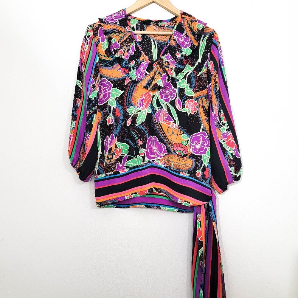 Vintage Diane Freis Asymmetric Side Tie Ruffle Blouse Top Medium